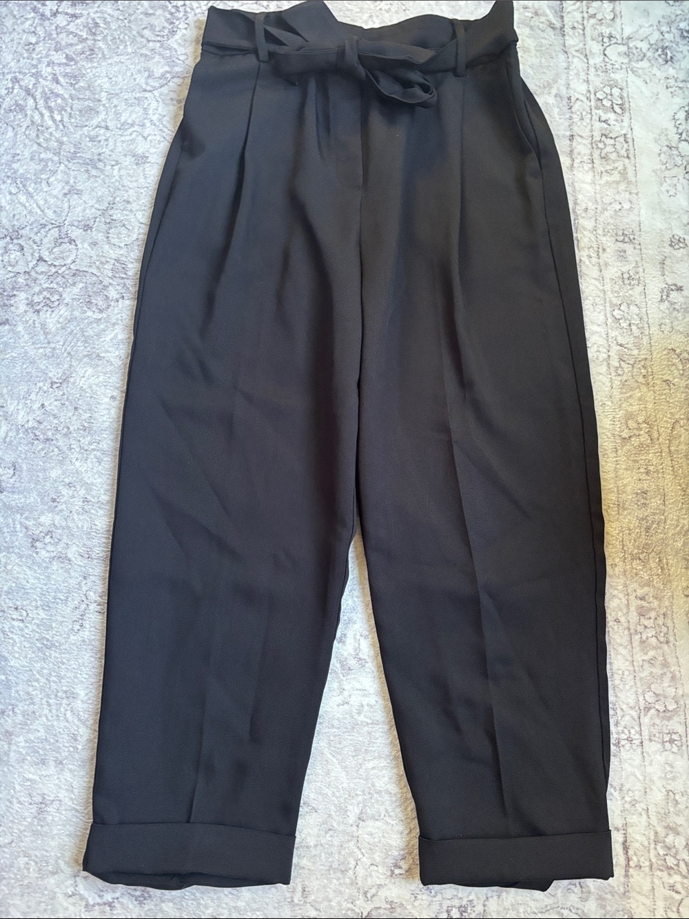 High-Waist Black Cropped Tie-Waist Pants